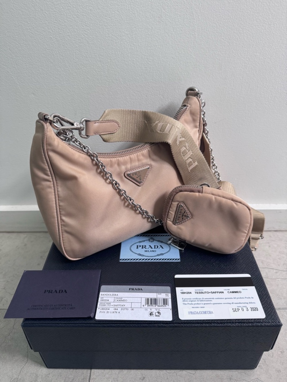 Prada Beige Re-Nylon 2005 Shoulder Bag with Detachable Mini Pouch